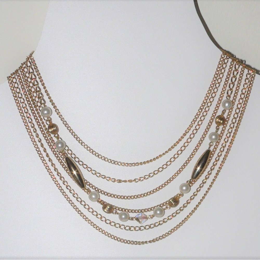 Vintage 7 Strand Adjustable Bib Necklace Gold Tone With Faux Pearls